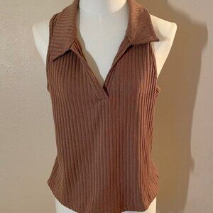 Kontrol women's L brown pleated knit sleeveless v-neck collared top